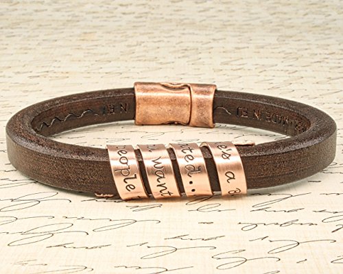 Women's COPPER SPIRAL Message 8" bracelet - SECRET MESSAGE - On Brown leather - Custom Message Hand Stamped Leather Bracelet.