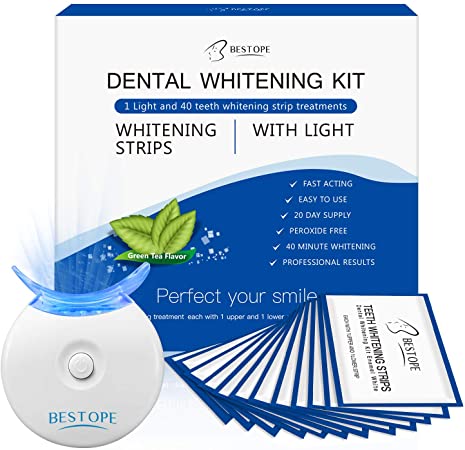 Teeth Whitening Kit,BESTOPE Teeth Whitening Strips(40Pcs) with Light,Professional Tooth Whitener Kit | Tooth Enamel Safe Non Slip Adhesive & Non Peroxide | Remove Stains,Fast Result & No Sensitivity