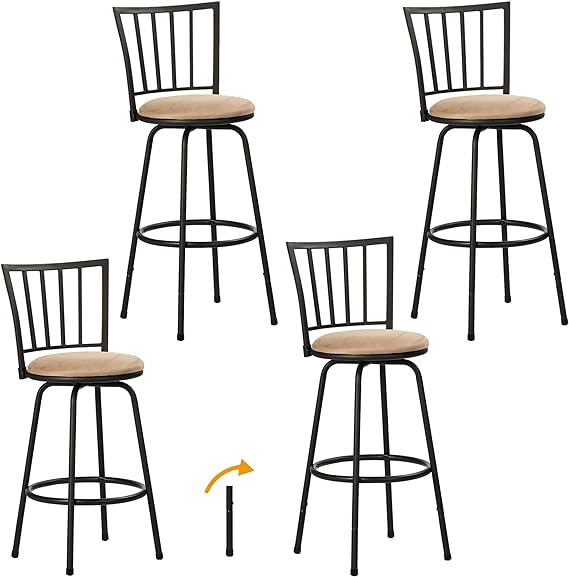 VECELO Barstools, Adjustable Counter Stools, Steel Bar Stools with 360 Degree Swivel Seat and Upholstered, Straight Line Backrest, Set of 4