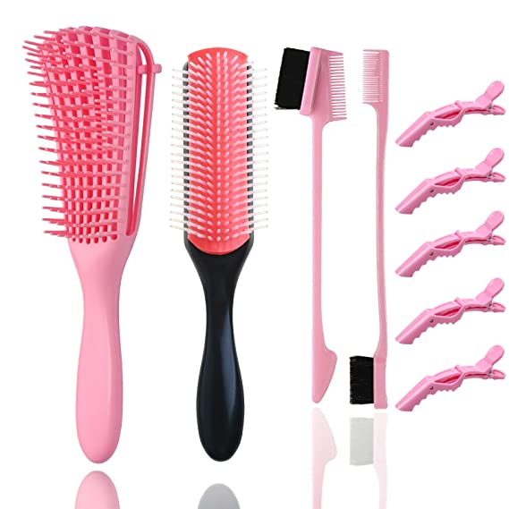 4 Pieces 9-Row Cushion Nylon Bristle Shampoo Brush  Detangling Brush Set with 2 different Edge Brush Double Sided   5 Hair Clips for Blow-Drying–Separating—Shaping & Defining Curls - Pink