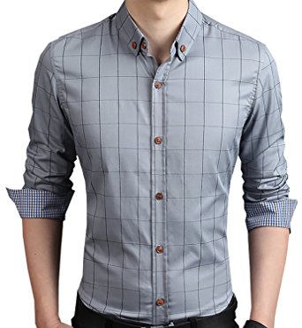 AIYINO Men's 100% Cotton Long Sleeve Plaid Slim Fit Button Down Dress Shirt
