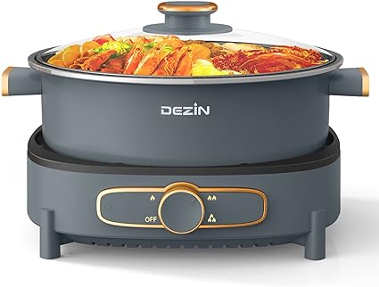 Dezin Electric Shabu Shabu Pot with Removable Pot, 5L Non-Stick Hot Pot Electric with Multi-Power Control, 3.7" Depth Electric Pot with Tempered Glass Lid for Party, Family and Friend Gathering