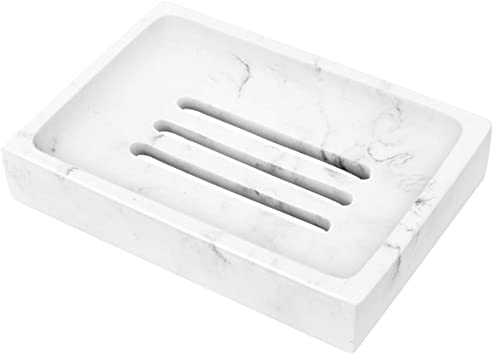 MoKo Soap Dish Tray, Resin Slotted Draining Soap Saver Dish Container Box Case Holder with Drain Holes for Bathroom Kitchen Shower Bathtub Sinks Counter-top Accessory, Rectangle – White Marble