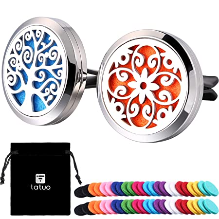 Tatuo 2 Pieces 316L Stainless Steel Car Aromatherapy Essential Oil Diffuser Air Freshener Vent Clip Locket with 48 Pieces Replacement Felt Pad (Flower and Cloud Tree)