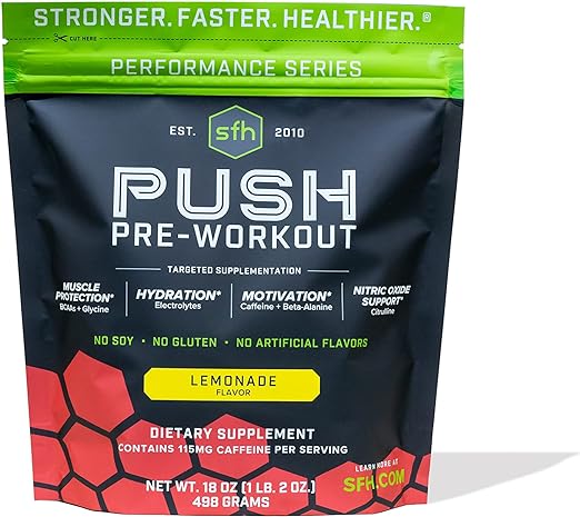 SFH Push Pre-Workout Powder (Lemonade) BCAAs for Muscle Repair | Electrolytes | Non-Dairy, No Artificial Flavors, Colors, Sugar, Soy, Gluten, or GMOs (Bag)
