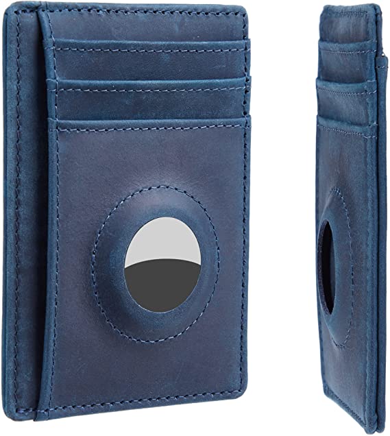 Hawanik Holder for AirTag Wallet Genuine Leahter Slim Minimalist Card Holder Compatible with AirTag Crazy Horse Leather Upgraded Version, Blue, Minimalist