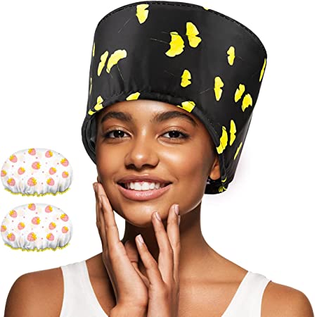 Hair Steamer Deep Conditioning Heat Cap Adjustable Hair Care Heating Cap with Intelligent Protection, Sturdy Material, and 2 Reusable Shower Caps, Gifts for Women (Black)