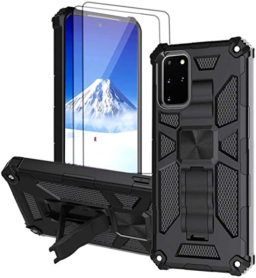 Compatible with Samsung Galaxy S20 Fe 5G Case with Tempered Galss Screen Protector [2 Pack] and Military Anti-Fall Bumper Cover Cases with Magnetic Ring Kickstand (Black)