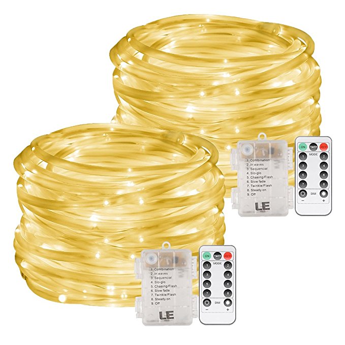 LE 33ft 120 LED Dimmable Rope Lights, 2-Pack Warm White, Battery Powered, Waterproof, 8 Modes/Timer, Fairy Lights for Garden Patio Party Christmas Thanksgiving Outdoor Decoration.