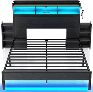 Rolanstar Bed Frame Queen Size with Bookcase Storage Headboard, Slide Out Bedside Storage, Bed with Charging Station & LED Lights, Heavy Duty Metal Slats, No Box Spring Needed, Noise Free, Black