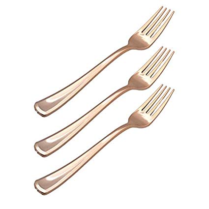 Exquisite Plastic Cutlery, Premium Quality Silverware"Gold/Silver look alike"Heavy Duty Plastic Cutlery - 120 Count (Rose Gold, Forks)