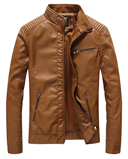 HOWON Men's Vintage Casual Stand Collar Pu Leather Jacket