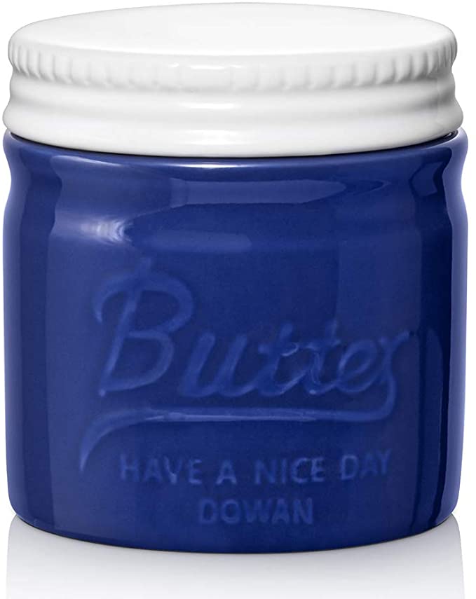 DOWAN Porcelain Butter Keeper Crock, French Butter Dish with Lid, Embossed Butter Container for Soft Butter, Big Capacity & Humanized Water Line, Navy Blue