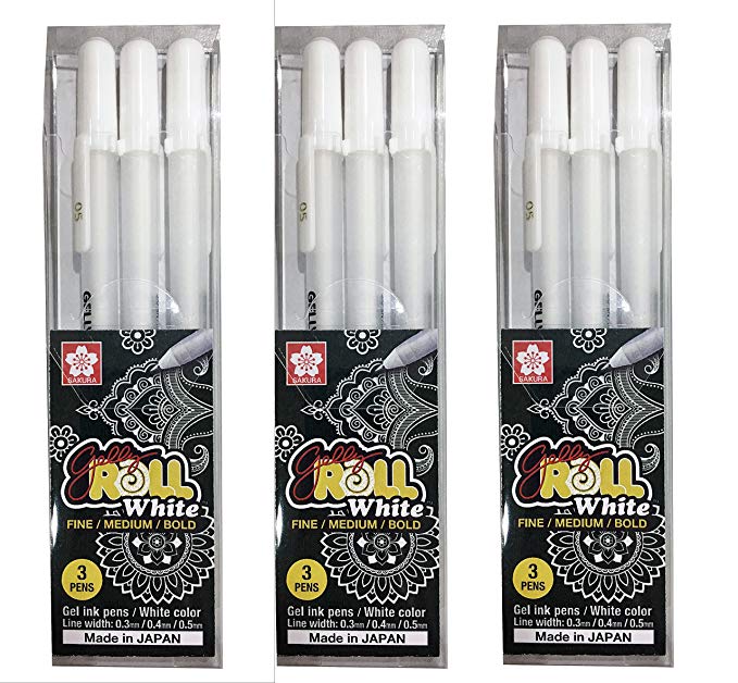 Sakura Gelly Roll White gel pens White assorted sizes, 05 Fine / 08 Medium / 10 Bold - 9 pen bundle