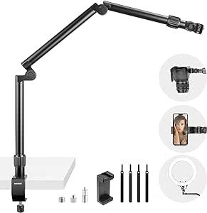 NEEWER Flexible Overhead Camera Mount Desk Stand with Phone Holder, 35.4" Aluminum Alloy Articulating Webcam Stand Arm with C Clamp, Tabletop Mount for Ring Light Camera Smartphone Projector, ST3A