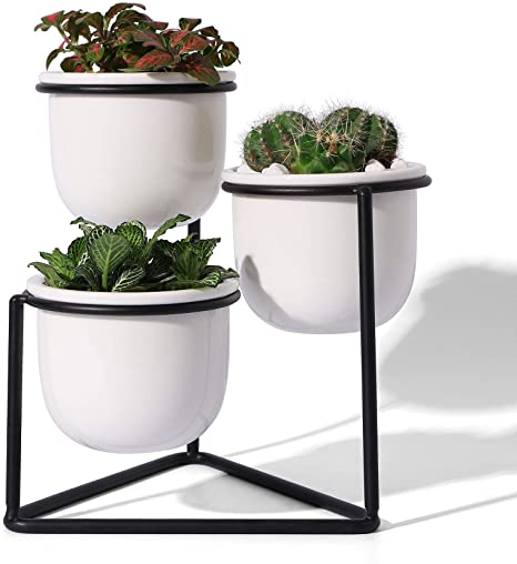 3 Piece Ceramic Succulent Planter Pots - 3 Inch Modern Century Indoor Cactus Container with Black Metallic Stand - Suspended Base Legs and Watering Drain Holes