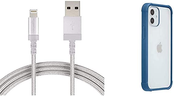 AmazonBasics Apple Certified Nylon Braided Lightning to USB Cable - 0.9 m (3 ft) - Silver   AmazonBasics iPhone Case for iPhone 12 Mini with Anti-Germ Protection- Blue