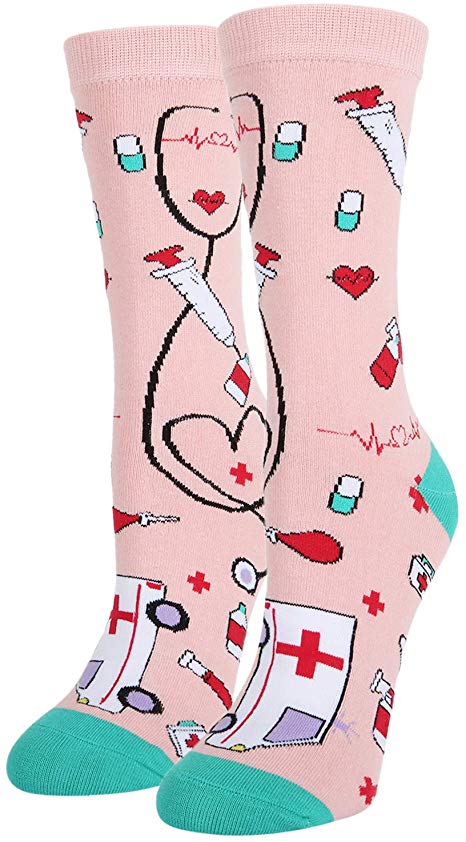 Women's Funny Crazy Nurse Meds Crew Socks, Novelty Professions Nursing Gift