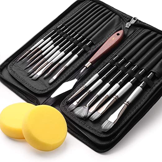 Paint Brush Set, Ekkong 15Pcs Art Paint Brushes with Free Palette Knife, Watercolor Sponge and Pop-up Carrying Case for for Acrylic, Oil, Watercolor and Gouache Painting, Adult and Kid (Black)