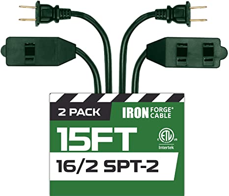 15 Ft Green Extension Cord 2 Pack - 16/2 Durable Electrical Cable with 3 Power Outlets - Great for Powering Christmas Decorations