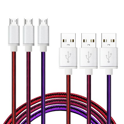 Micro USB Cables, Aupek 6ft(2m)Nylon Braided (3-Pack) For Samsung, HTC, NOKIA, Motorola, LG, Google Nexus, Blackberry and other Android Windows Phones (Red&Purple&Rose)