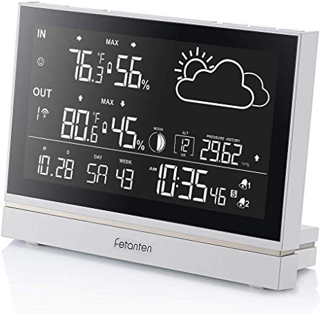 Wireless Weather Station With Outdoor Sensor DCF Receive Signal, Indoor and Outdoor Thermometer Hygrometer 7.5-Inch Oversized LCD Display Weather Forecast, Alarm Clock Digital Clock Temperature Alarm