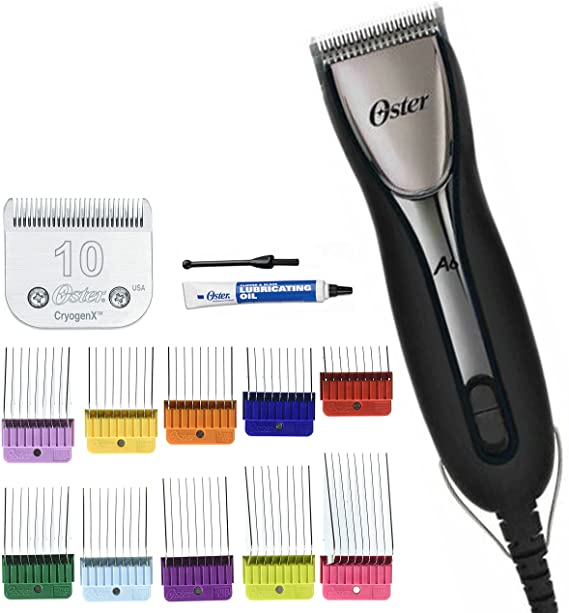 Oster Powerful A6 Slim Heavy Duty 3 Speed Pro Grooming Clippers Includes #10 Blade with Oster 10-Piece Stainless Steel Pet Clipper Guide Comb Kit