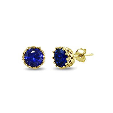 Yellow Gold Flashed Sterling Silver Genuine, Created or Simulated Birthstone Gemstone Crown Stud Earrings
