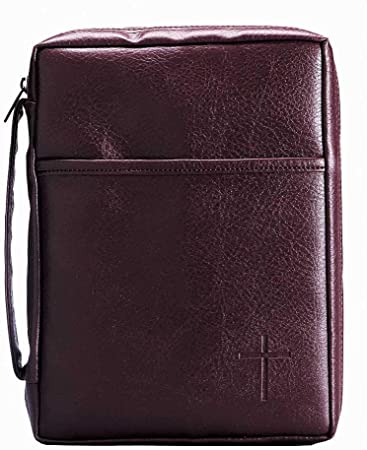 Burgundy Embossed Cross with Front Pocket Leather Look Bible Cover with Handle, Small