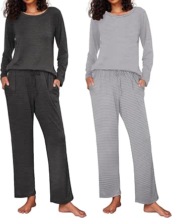 Ekouaer 2 Pack Women's Pajama Set Soft Long Sleeve Sleepwear Loungewear Pjs Sets with Pockets S-XXL