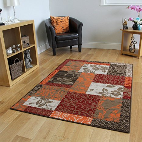 Milan Brown, Red, Orange, Beige & Cream Patchwork Rug 1568-S22 - 10 Sizes