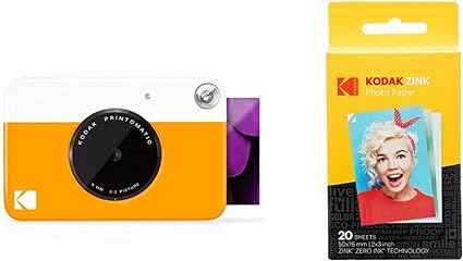 Kodak Printomatic Digital Instant Print Camera - Full Color Prints On ZINK 2 x 3 Inch Sticky-Backed Photo Paper (Yellow) Print Memories Instantly & Zink Photo Paper - Pack of 20