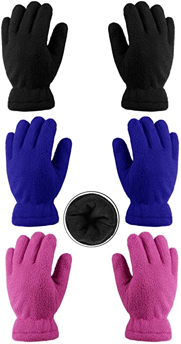 Cooraby 3 Pairs Kid's Polar Fleece Gloves Full Fingers Gloves Warm Magic Gloves for Girls Boys