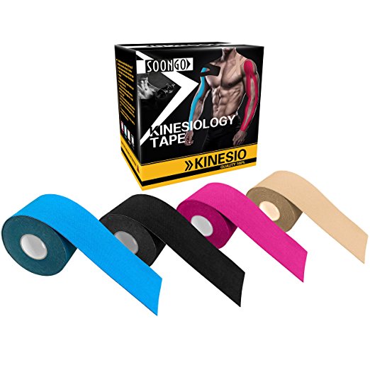 Kinesiology Tape Kinesio Relieve Muscle Soreness and Strain Shoulders Wrists Knees Ankles Elastic Waterproof Good Air Permeability Hypoallergenic FDA CE Authentication 5cm*5m Free E-Guide By SOONGO