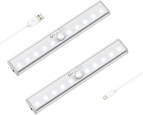 Under Cabinet Lighting, OxyLED USB Rechargeable Motion Sensor Closet Lights, 7.5 Inch Stick-on Cordless 10 LED Night Light Bar, Wardrobe Light, 2 Pack (Pure White)