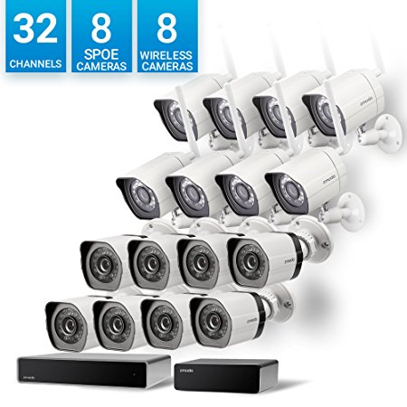 Zmodo 32 Channel Network NVR 8 sPoE Camera   8 Wireless WiFi Camera Weatherproof HD Security System,Customizable Motion Detection, w/ sPoE Repeater for Flexible Extension