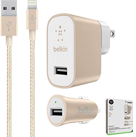 Belkin Metallic Mixit -12W 2.4Amp Fast - Home & Car Lightning Charger Gold White Kit -(Retail Packing) For iOS iPhone 8/ /X iPad Pro