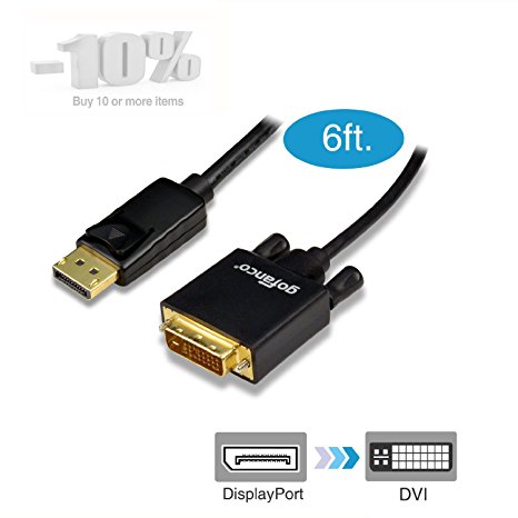 gofanco® Gold Plated 6 Feet DisplayPort to DVI Adapter Cable - Black MALE to MALE for DisplayPort Enabled Desktops and Laptops to Connect to DVI Displays