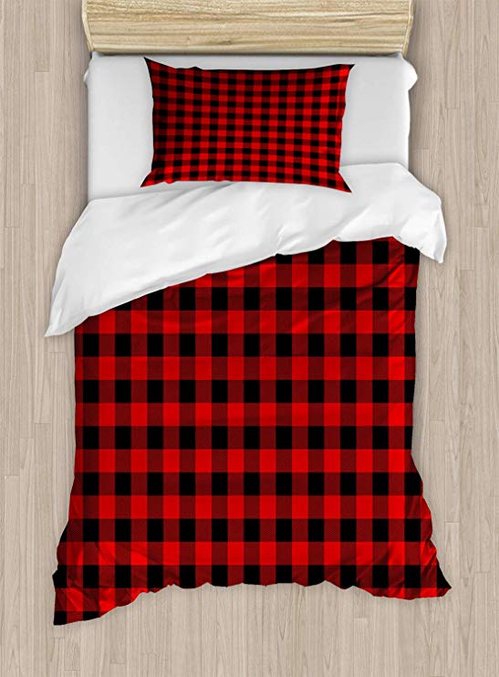 Ambesonne Plaid Duvet Cover Set Twin Size, Lumberjack Fashion Buffalo Style Checks Pattern Retro Style with Grid Composition, Decorative 2 Piece Bedding Set with 1 Pillow Sham, Orange Black