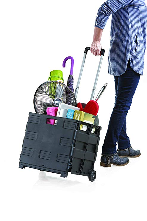 COLLAPSIBLE ROLLING UTILITY CART: Large Ultra-Slim w/ Telescopic Handle in Black - by Vanderbilt Home