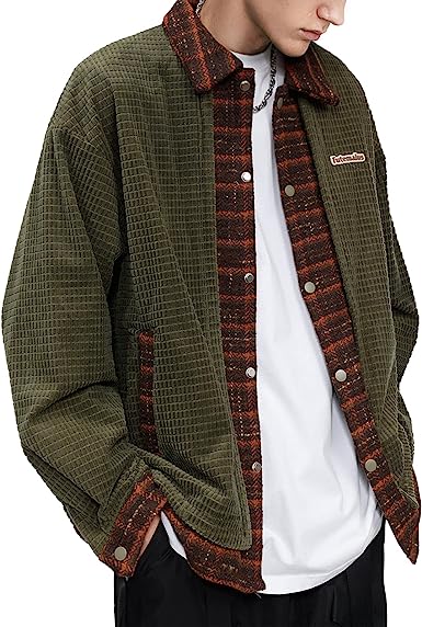 Aelfric Eden Men’s Color Block Corduroy Trucker Jacket Oversized Vintage Collared Button Down Jackets Loose Casual Coats