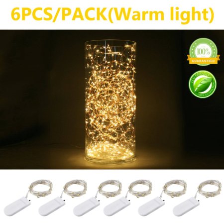 Pack of 6 Sets LED Starry String Lights 20 CR2032 Micro Starry Leds on Silvery Copper Wire,2pcs Batteries Required and Included,3.5Ft(1m) for DIY Wedding Centerpiece or Table Decorations(6,Warm White)