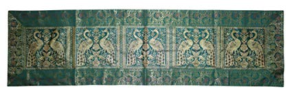 Lalhaveli Rajasthani Hand Art Peacock Work Design Silk Table Runner & Table Cloth 60 x 16 Inch Green Color