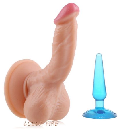 Lover Fire 6.5 inch / 16.5cm Large Curve Visible Vein Realistic Dual Balls Vivid Red Head Dildo - Suction Cup Harness Compatible & Bonus Jelly Gal Anal Plug