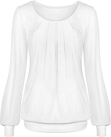 Women's Long Sleeve Scoop Neck Front Pleated Blouse Tunic Top