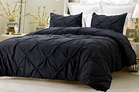 3pc Pinch Pleat Design Black Duvet Cover Set Style # 1006 - Full/Queen - Cherry Hill Collection