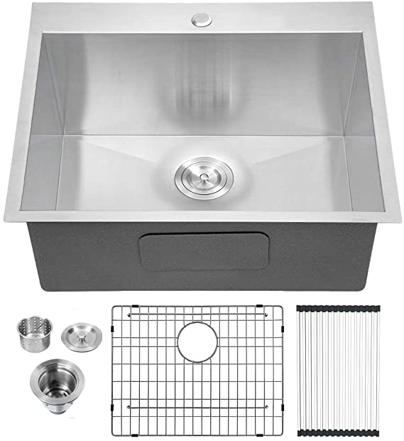 Lordear 25"x22"x12" Deep Laundry Utility Sink Drop-in Topmount Single Bowl Sink 16 Gauge Stainless Steel Laundry Room Sinks
