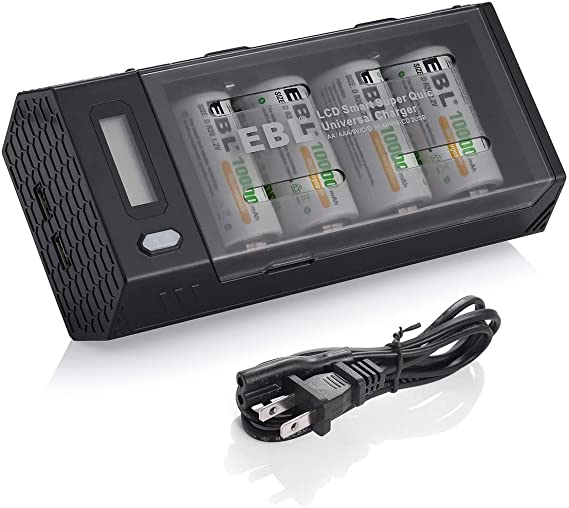 EBL Upgraded AA AAA C D 9V Battery Charger with 4-Pack D Size 10000mAh Rechargeable Batteries with Dual USB Ports