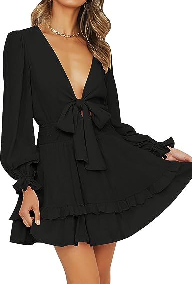 ZESICA Women's Sexy Deep V Neck Knot Front Long Sleeve Smocked Wiast Ruffle Tiered Swing Mini Skater Dress