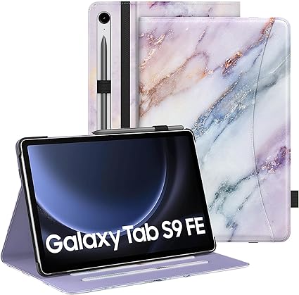 MoKo Case for Samsung Galaxy Tab S9 FE 10.9-Inch 2023 (SM-X510/SM-X516/SM-X518), PU Leather Multi-Angle Viewing Stand Cover Case with Pencil Holder, Front Pocket, Auto Wake/Sleep, Purple Marble